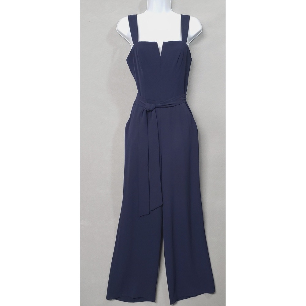 NWT Premier Amour‎ 2 Navy Blue Wide Leg Jumpsuit Square V Neck Sleeveless Lined